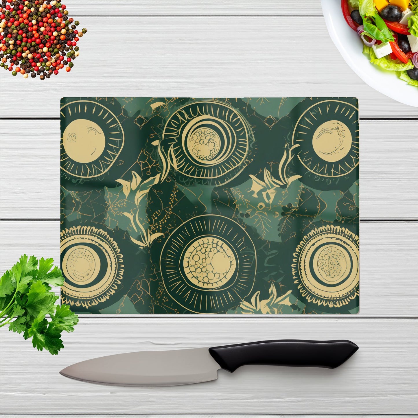 Abstract Green Gold Moon Pattern Glass Chopping Board