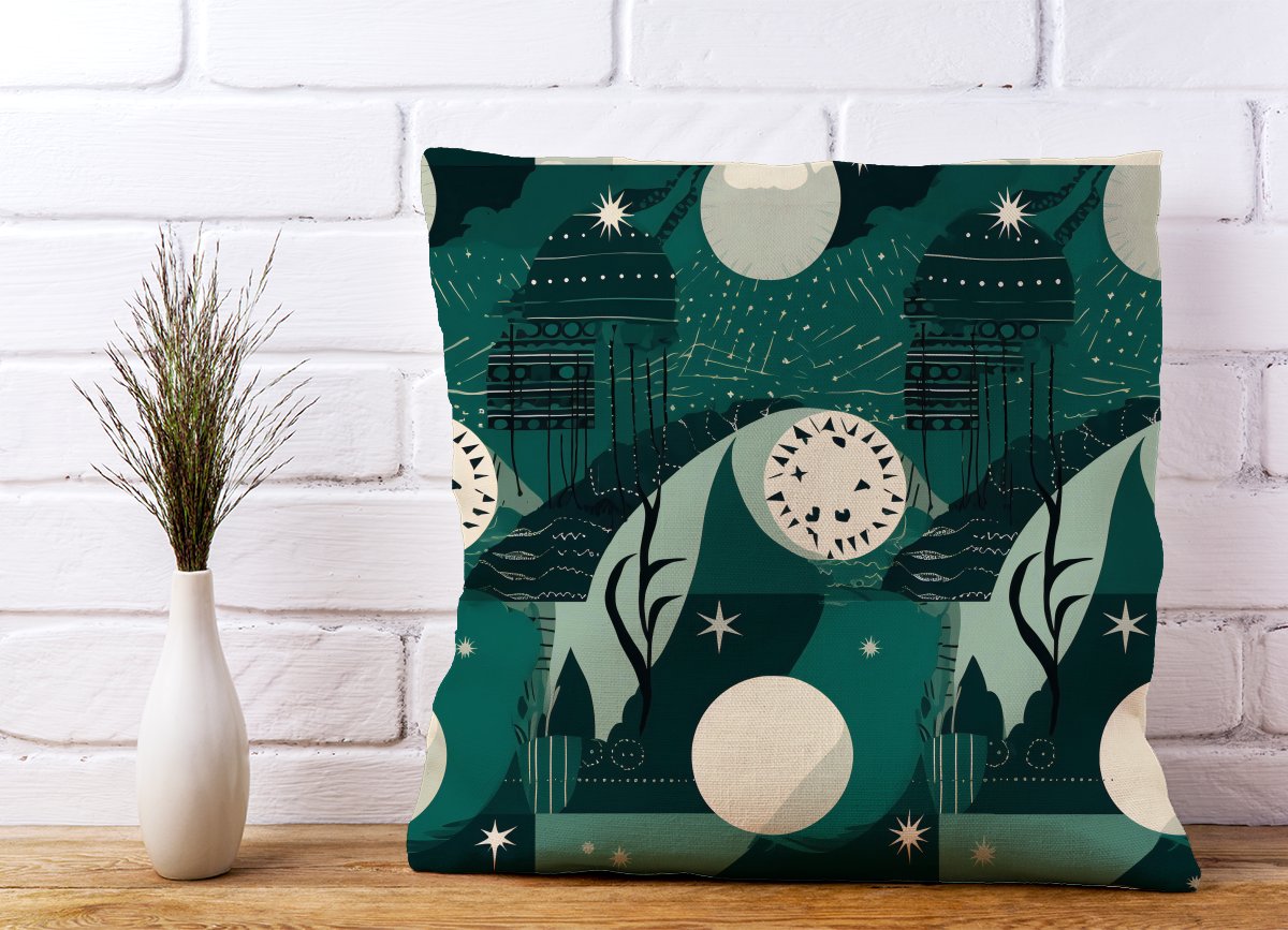Abstact Green Cream Moon and Stars Cushions