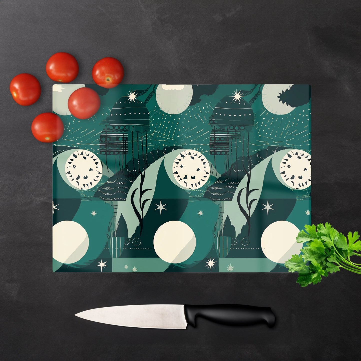 Abstact Green Cream Moon And Stars Glass Chopping Board