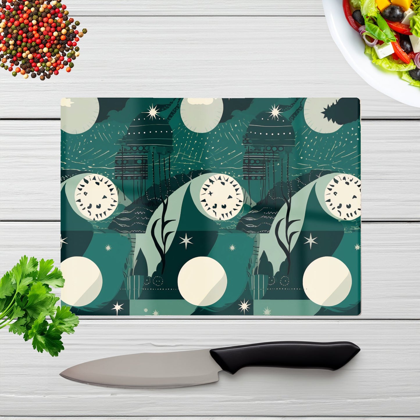 Abstact Green Cream Moon And Stars Glass Chopping Board