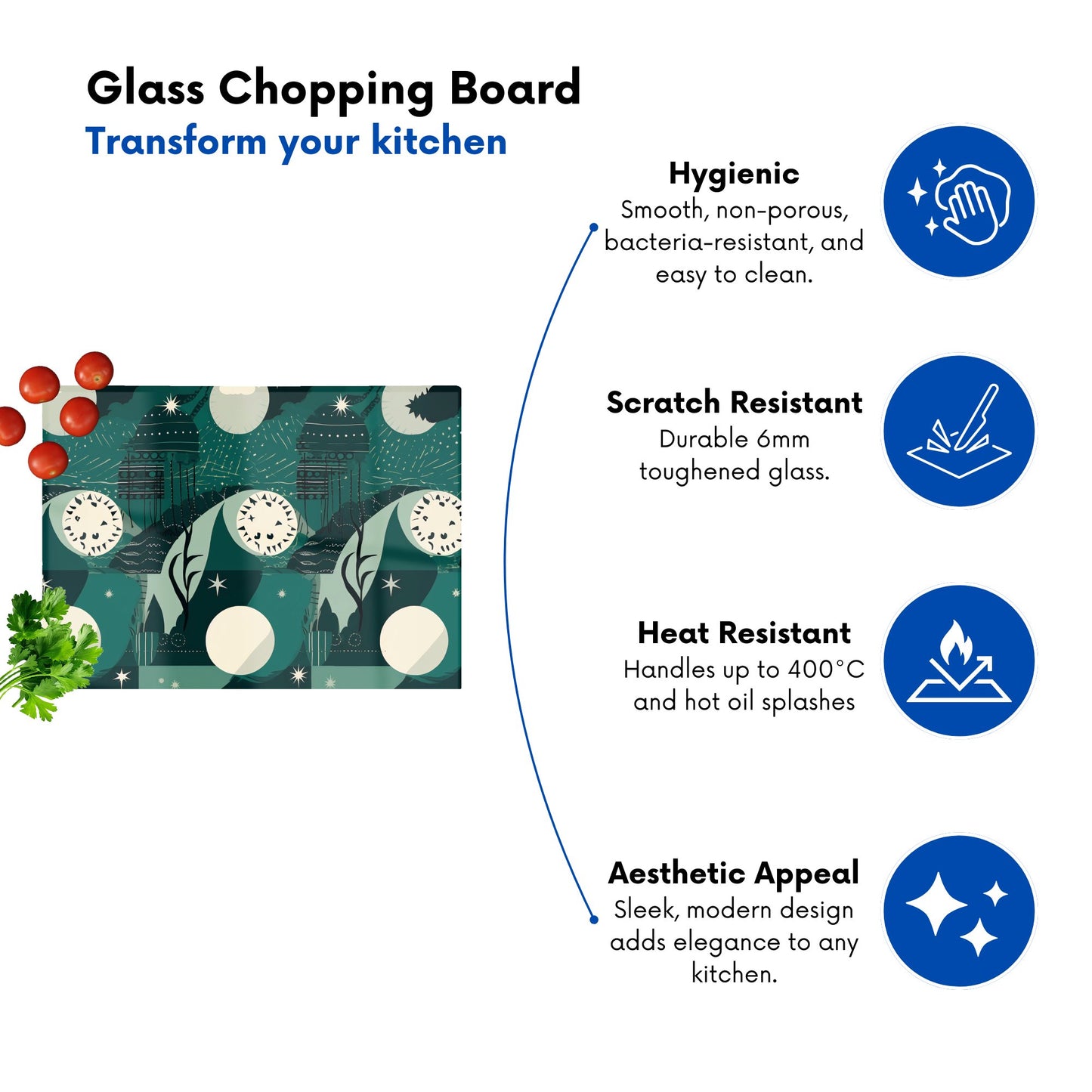 Abstact Green Cream Moon And Stars Glass Chopping Board