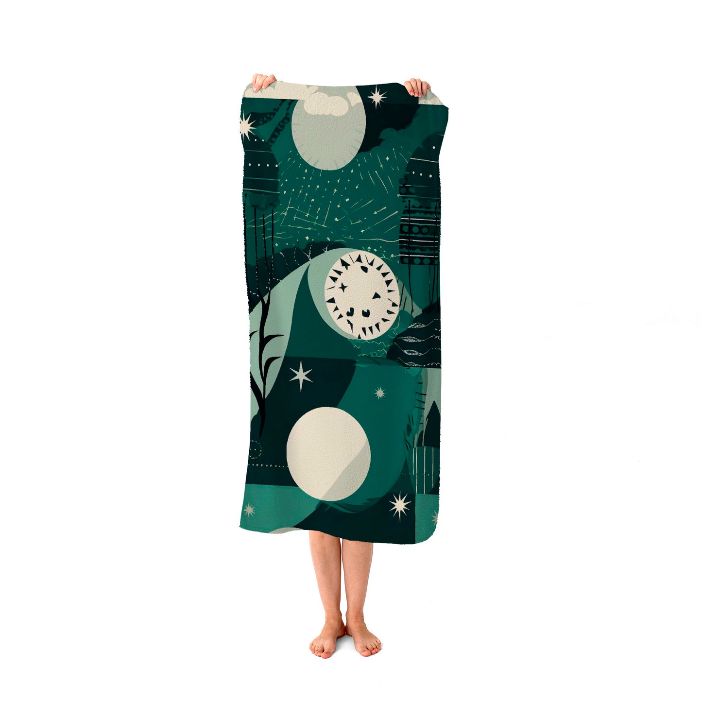 Abstact Green Cream Moon and Stars Beach Towel