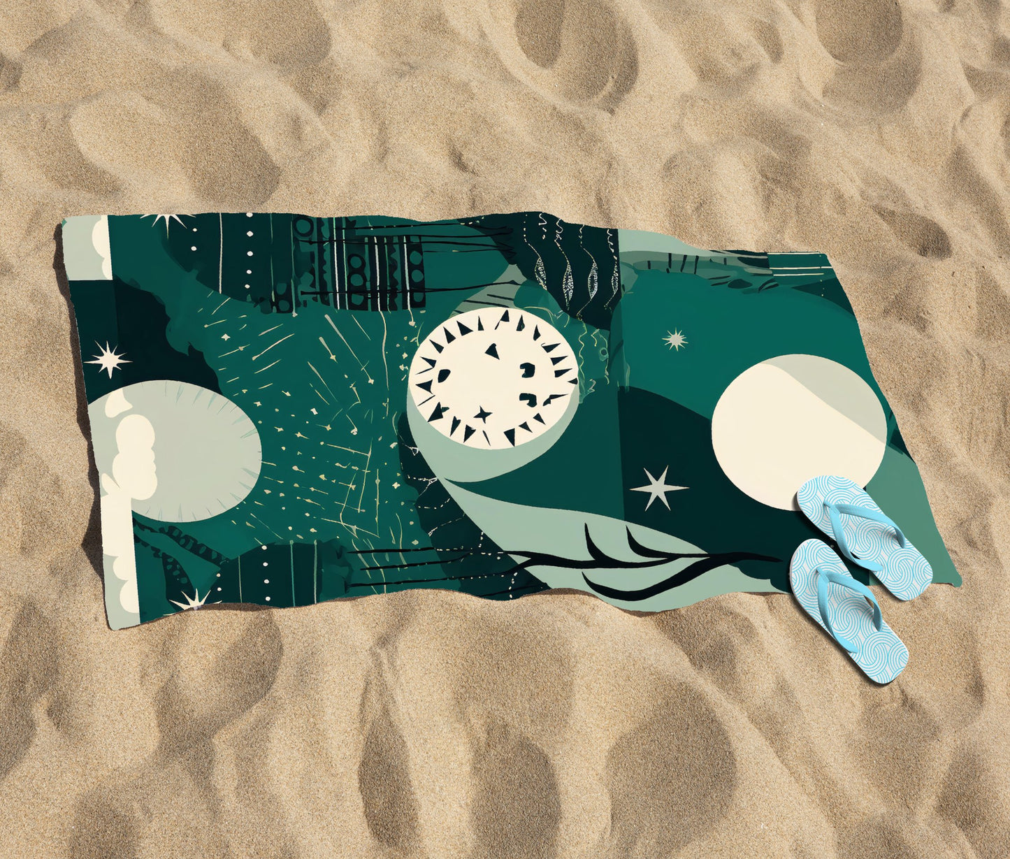 Abstact Green Cream Moon and Stars Beach Towel