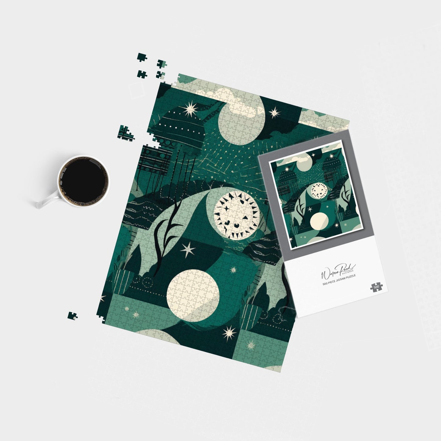 Abstact Green Cream Moon and Stars Jigsaw Puzzle