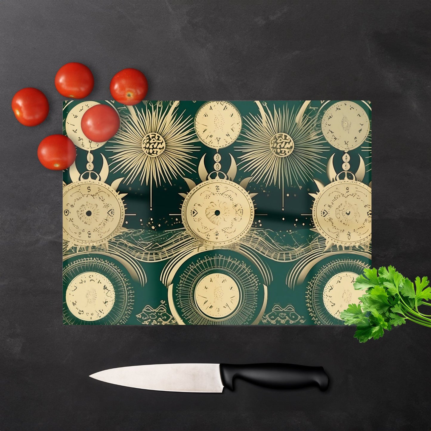 Green Moon And Sun Abstract Pattern Glass Chopping Board