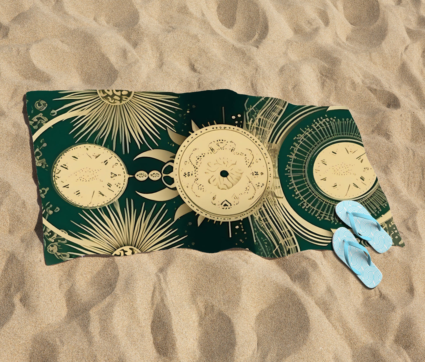 Green Moon and Sun Abstract Pattern Beach Towel