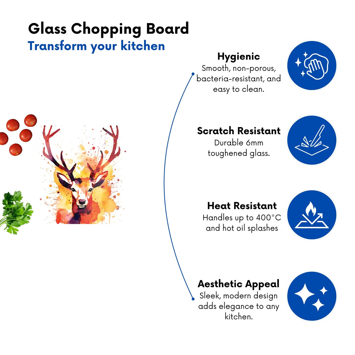 Watercolour Stag Face Glass Chopping Board