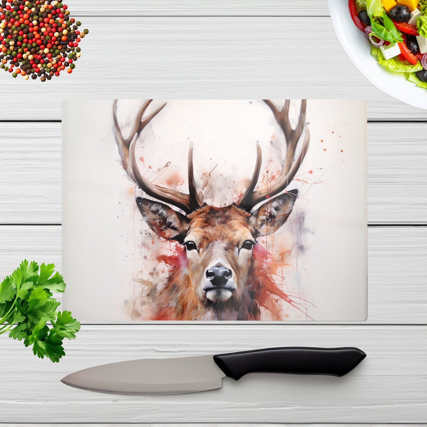 Watercolour Splashart Stag Face Glass Chopping Board