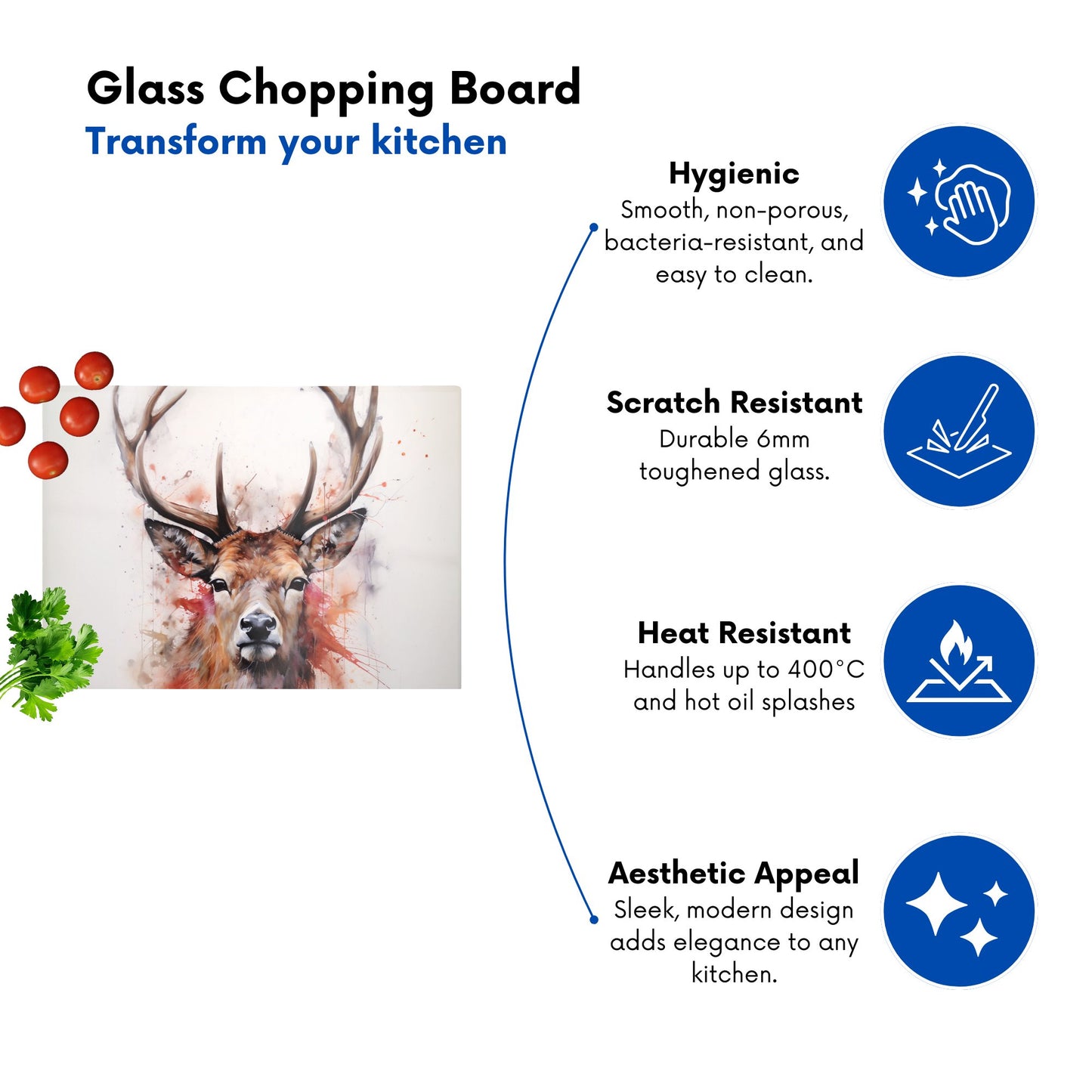 Watercolour Splashart Stag Face Glass Chopping Board