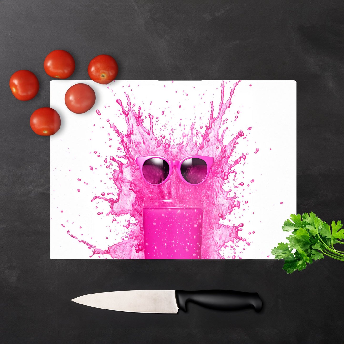Pink Splashart Glass With Glasses Glass Chopping Board