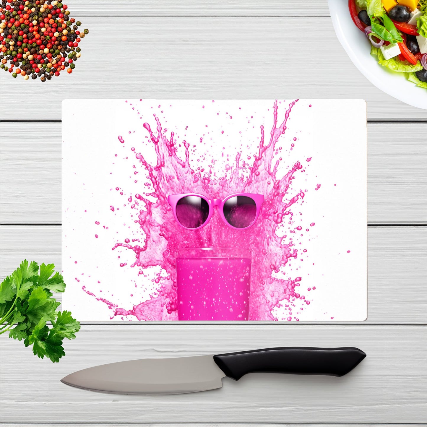 Pink Splashart Glass With Glasses Glass Chopping Board