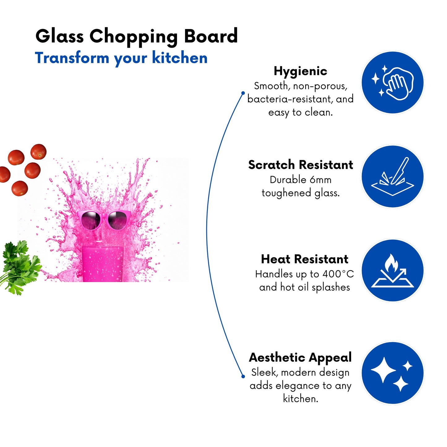Pink Splashart Glass With Glasses Glass Chopping Board