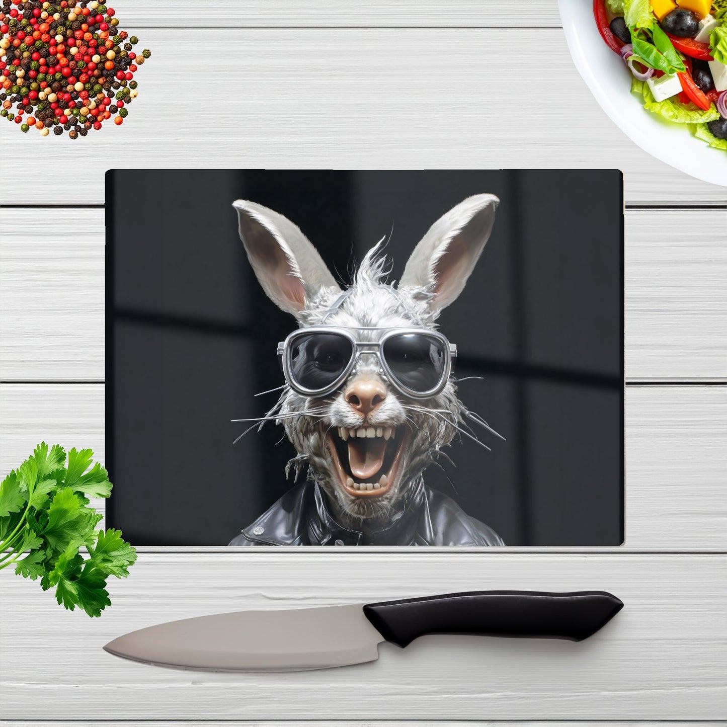 Funky Rabbit Face With Glasses Glass Chopping Board
