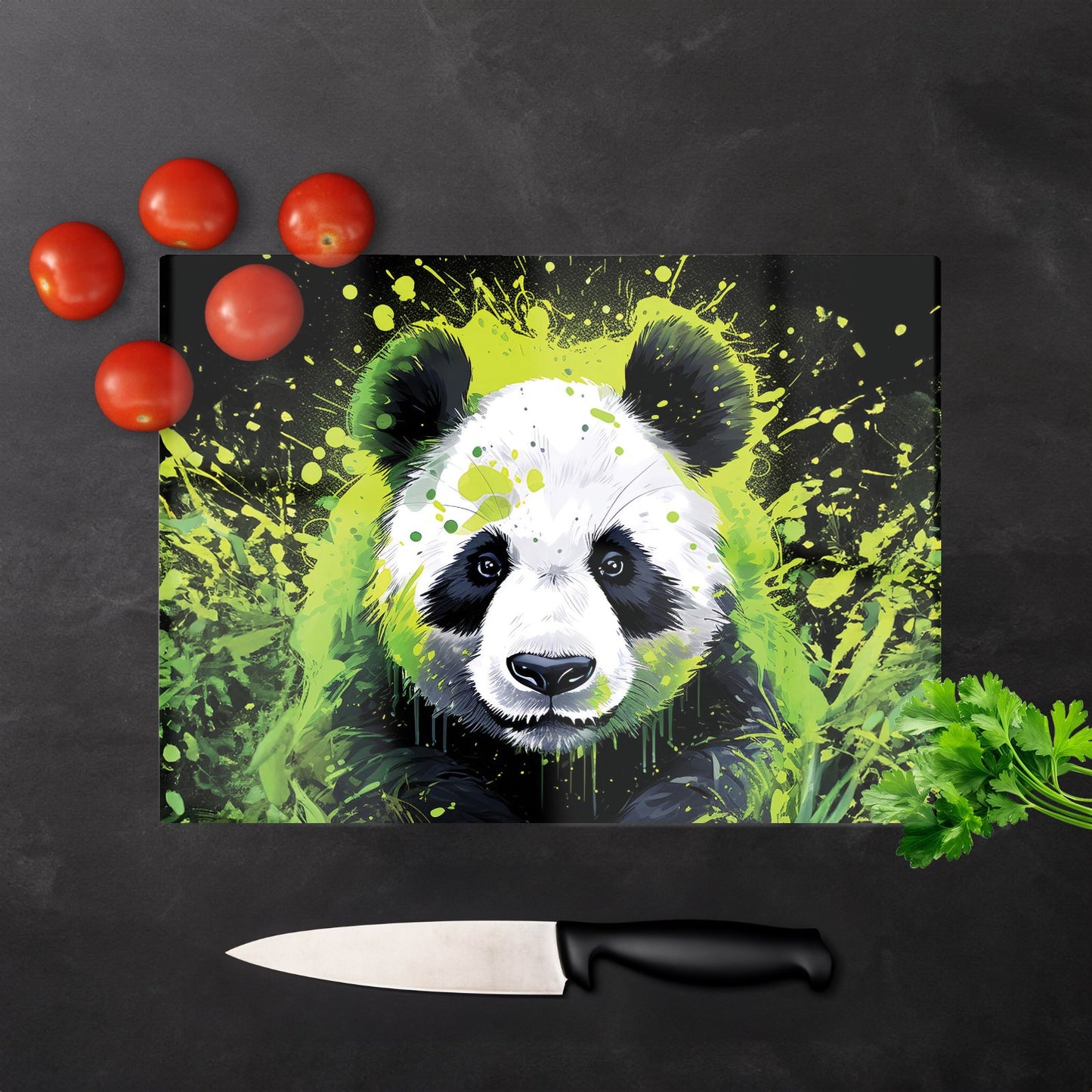 Green Splashart Panda Face Glass Chopping Board