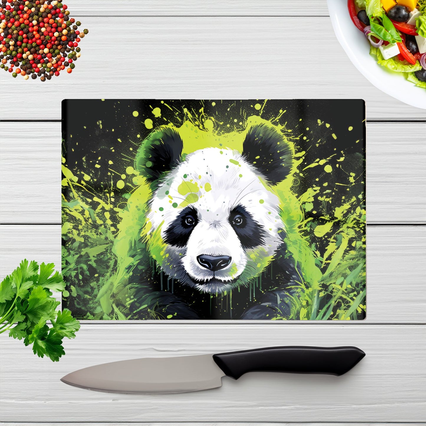 Green Splashart Panda Face Glass Chopping Board