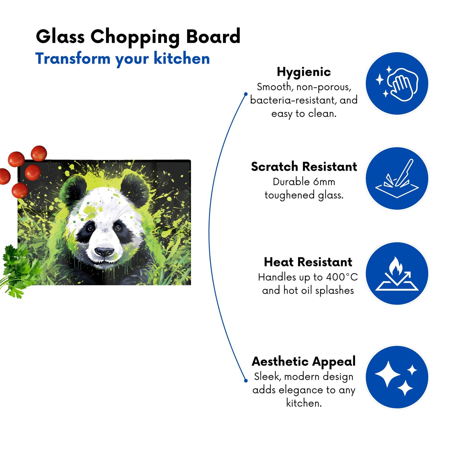 Green Splashart Panda Face Glass Chopping Board