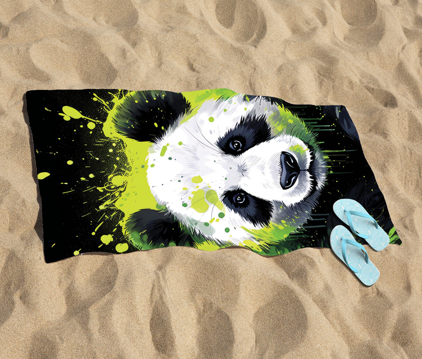 Green Splashart Panda Face Beach Towel