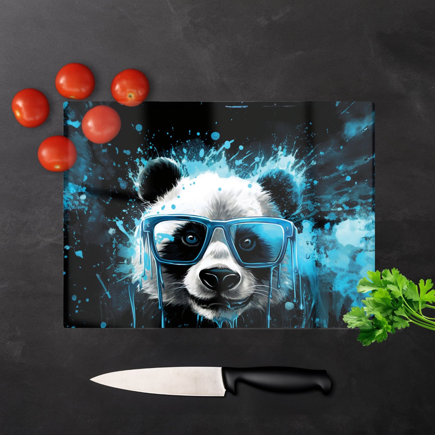Blue Splashart Panda Face Glass Chopping Board
