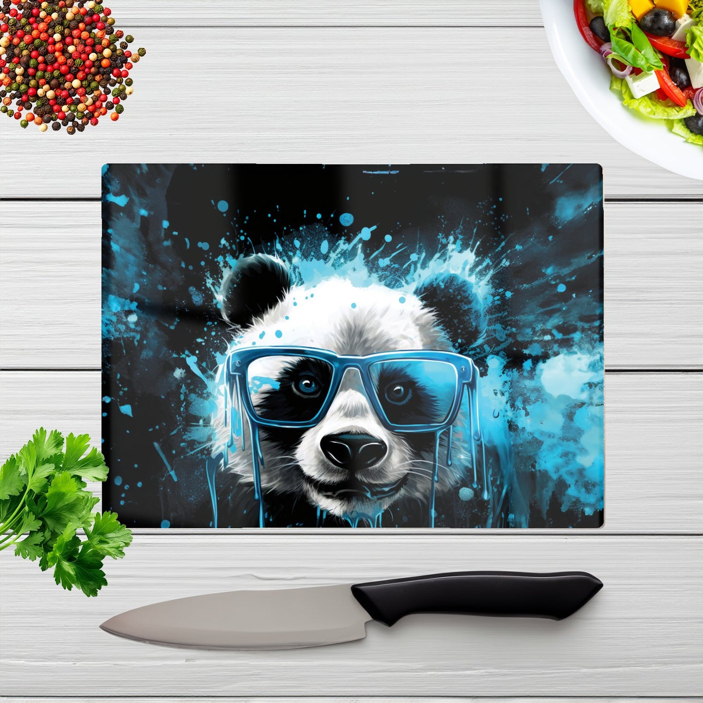 Blue Splashart Panda Face Glass Chopping Board