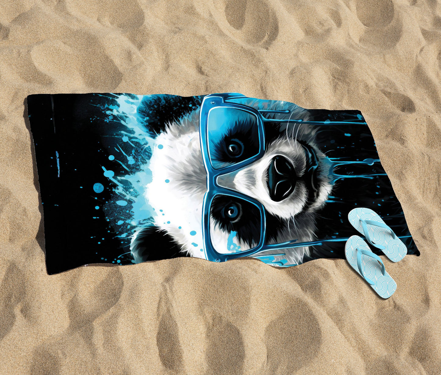 Blue Splashart Panda Face Beach Towel