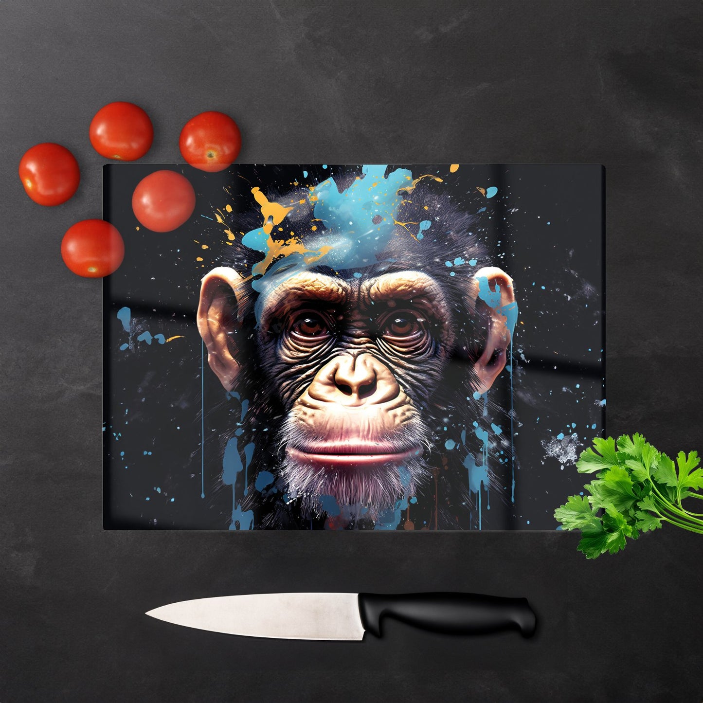Monkey Face Splashart With Blue Glass Chopping Board