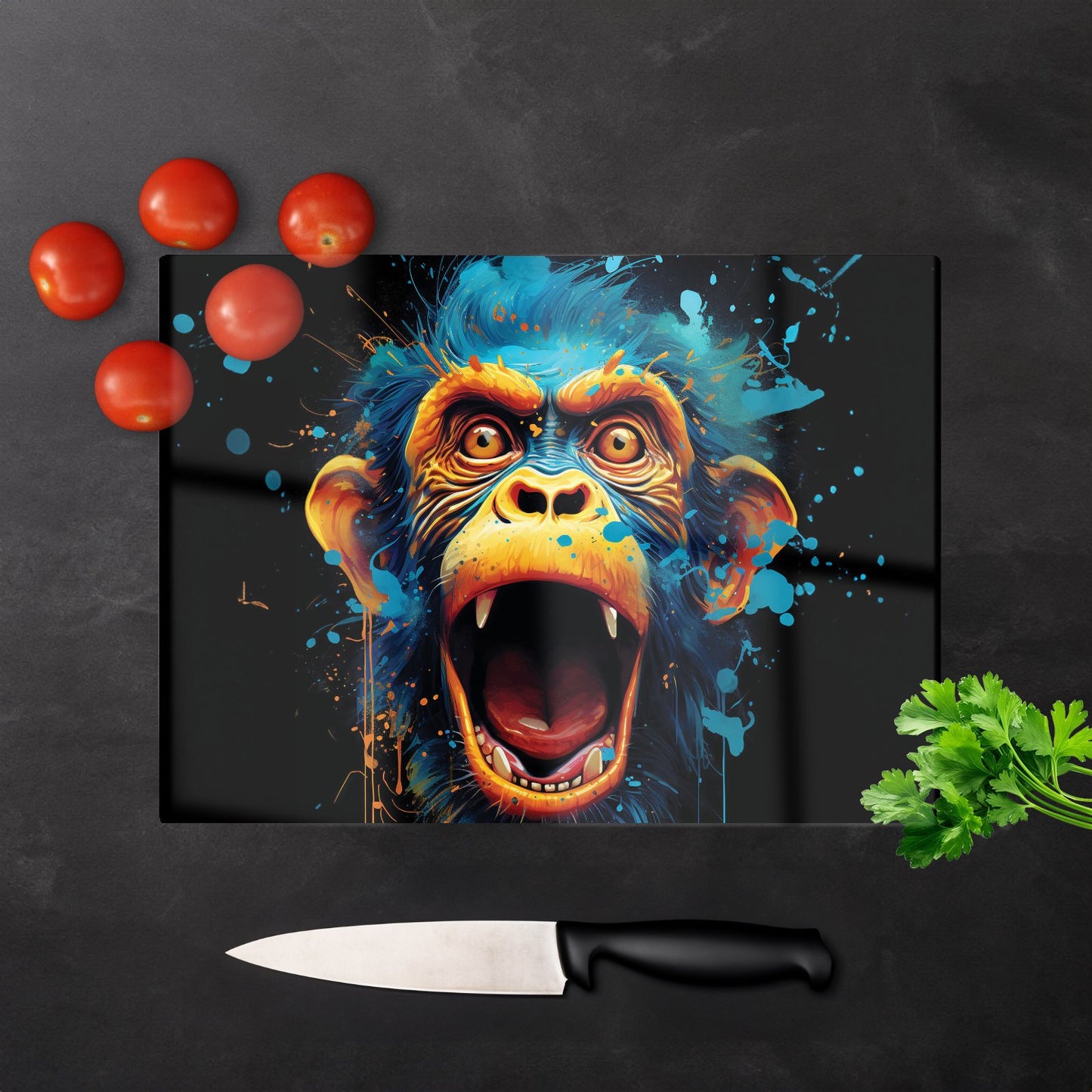 Crazy Monkey Face Splashart Glass Chopping Board