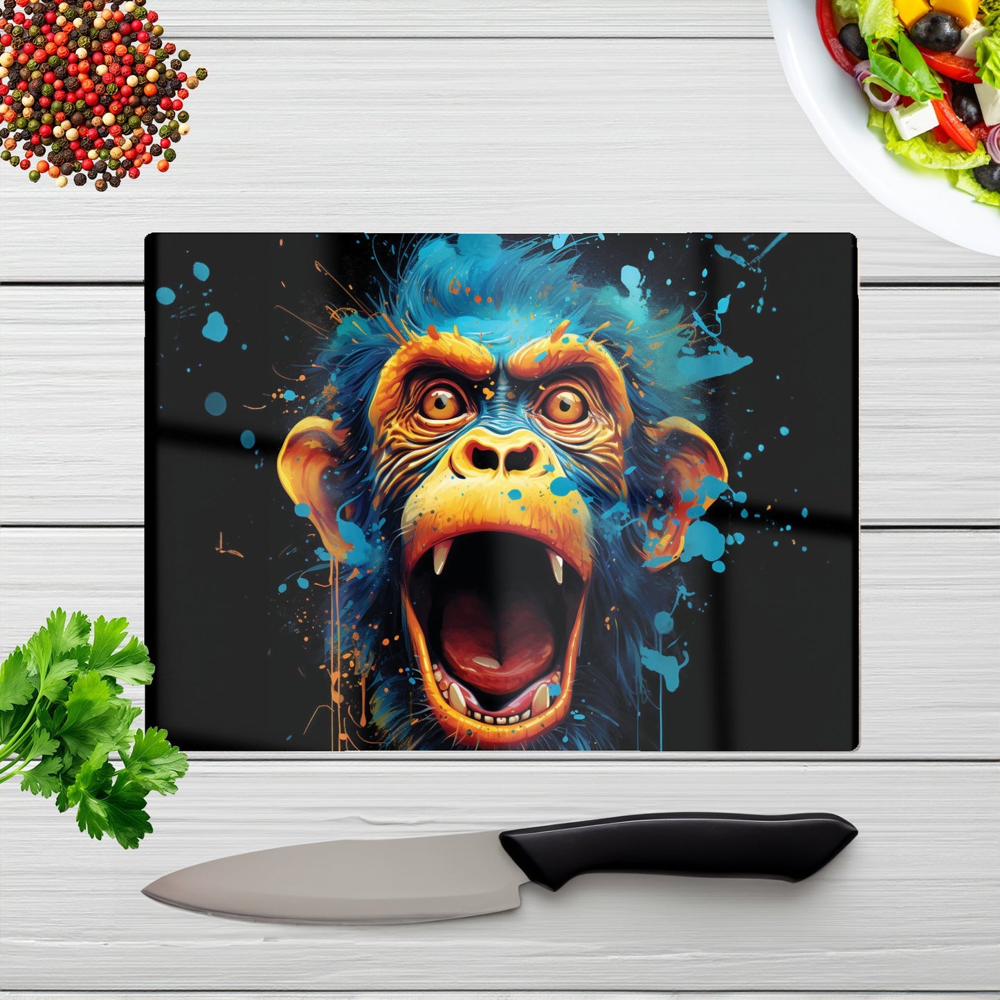 Crazy Monkey Face Splashart Glass Chopping Board