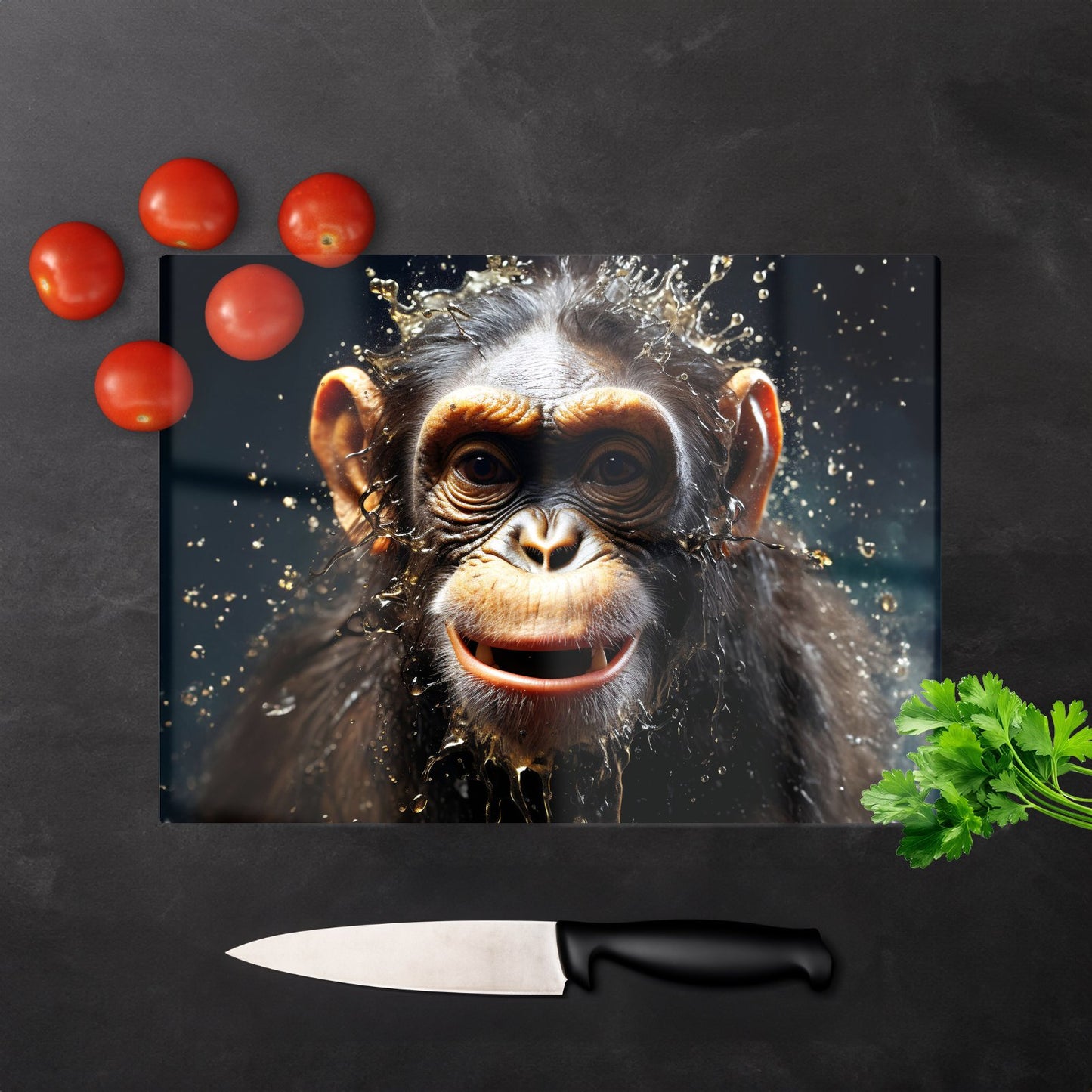 Realistic Monkey Face Splashart Glass Chopping Board