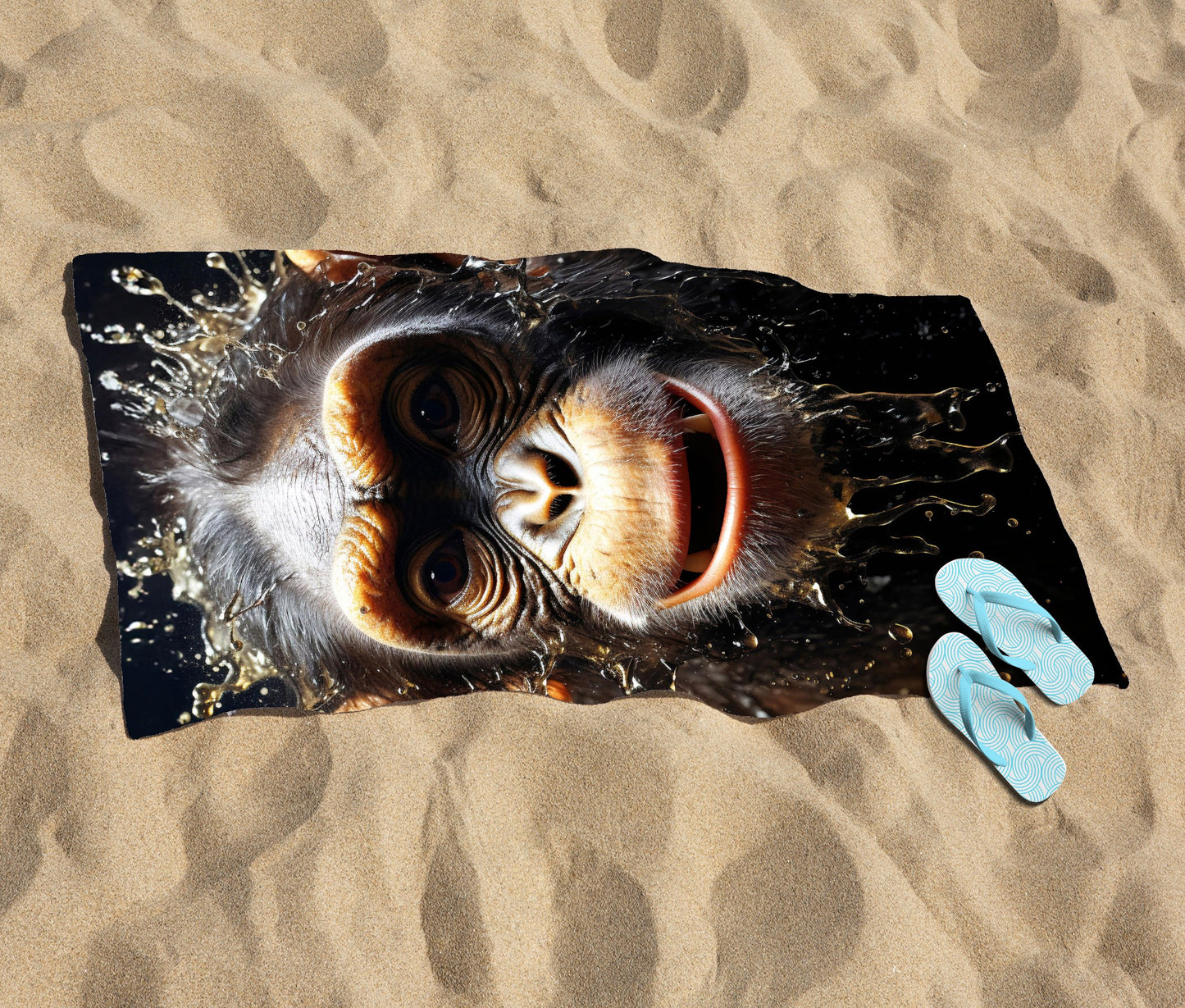 Realistic Monkey Face Splashart Beach Towel