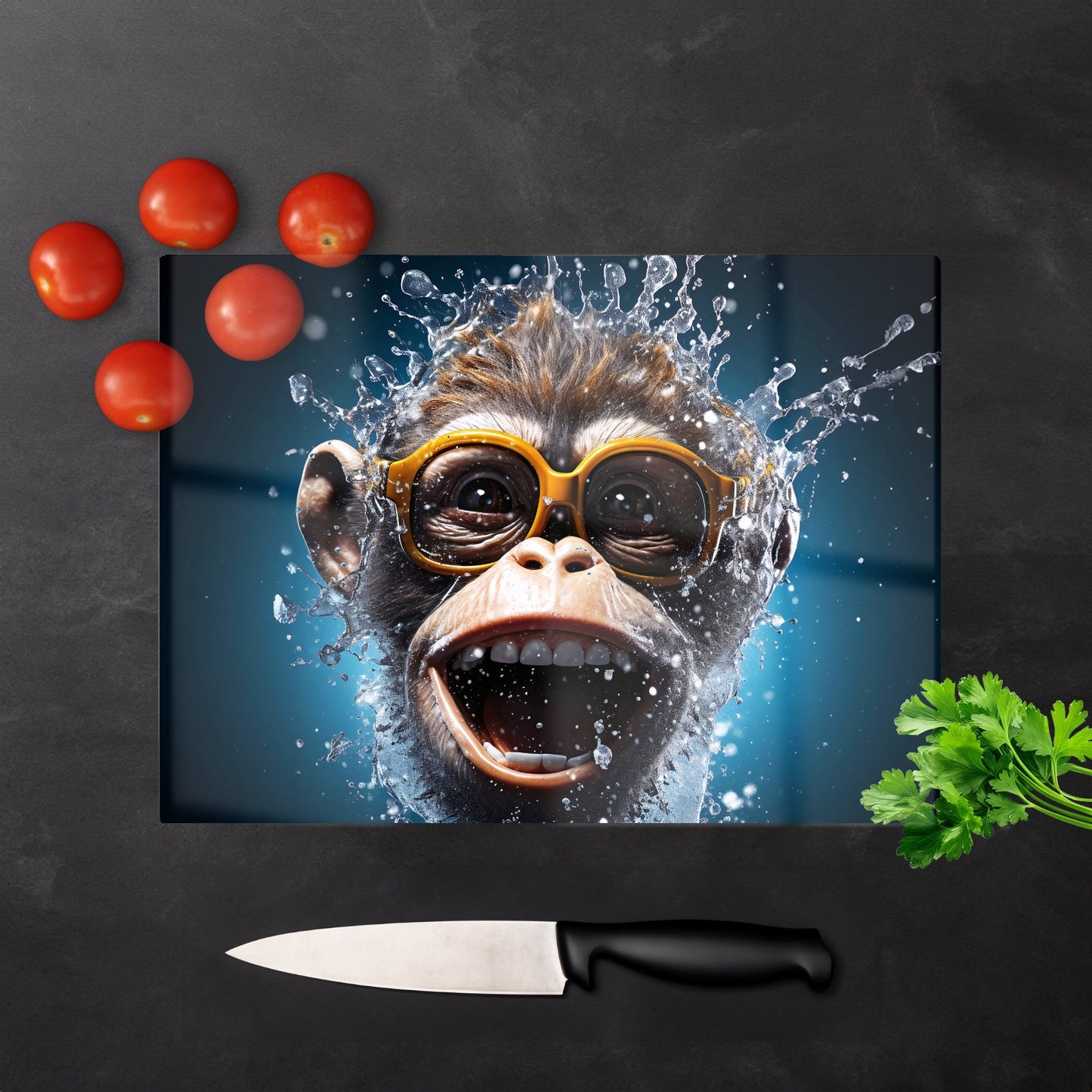 Splashart Cheeky Chimp Face With Glasses Glass Chopping Board