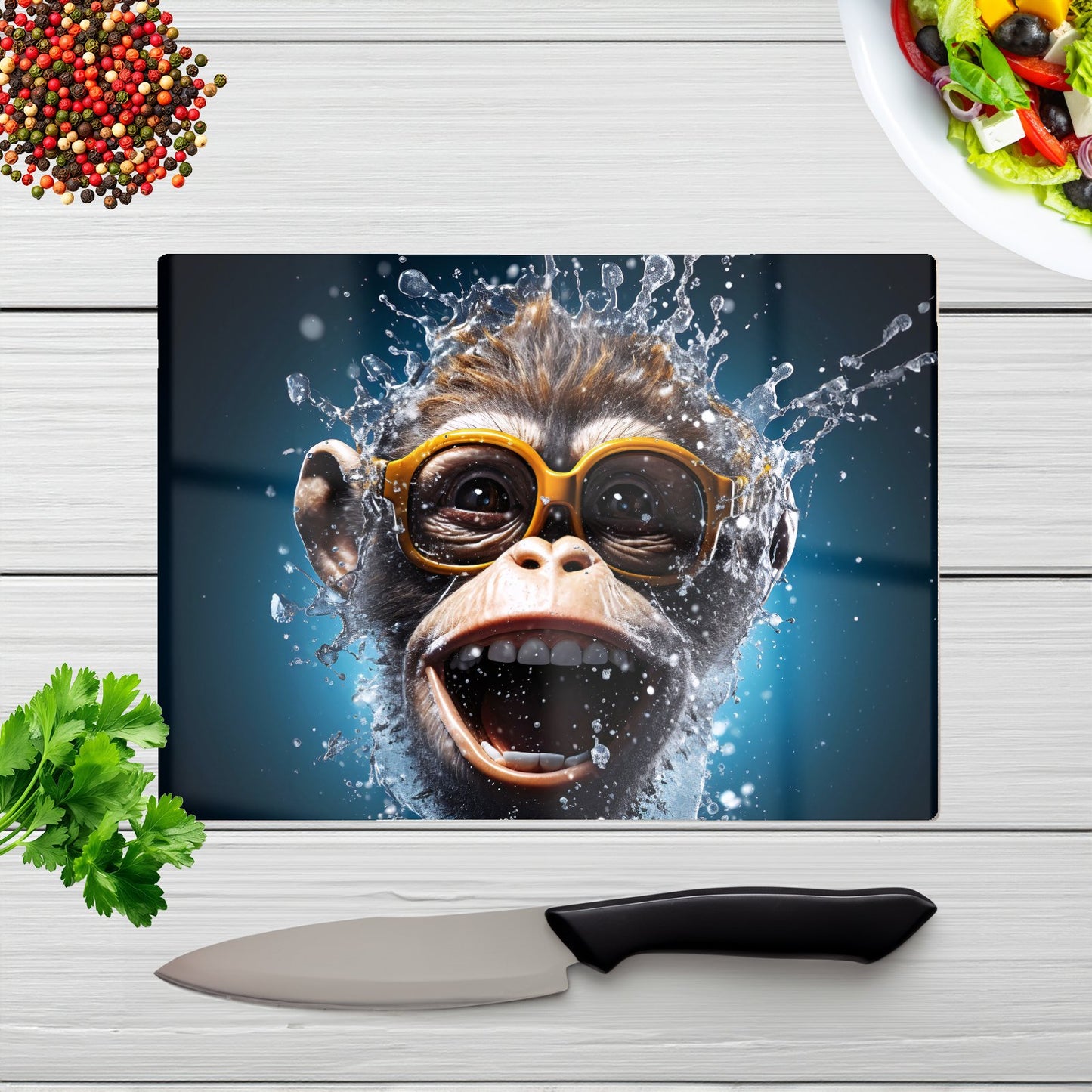 Splashart Cheeky Chimp Face With Glasses Glass Chopping Board