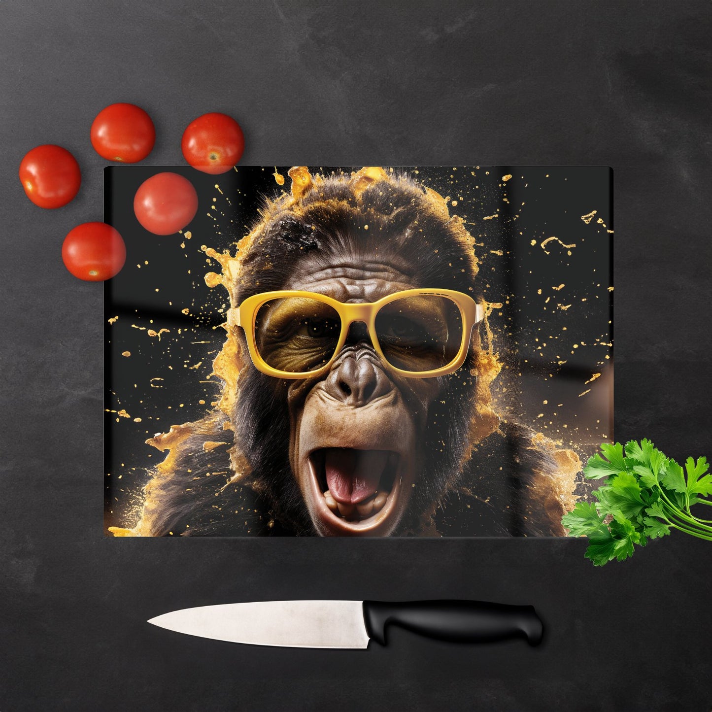 Splashart Monkey Face With Yellow Glasses Glass Chopping Board
