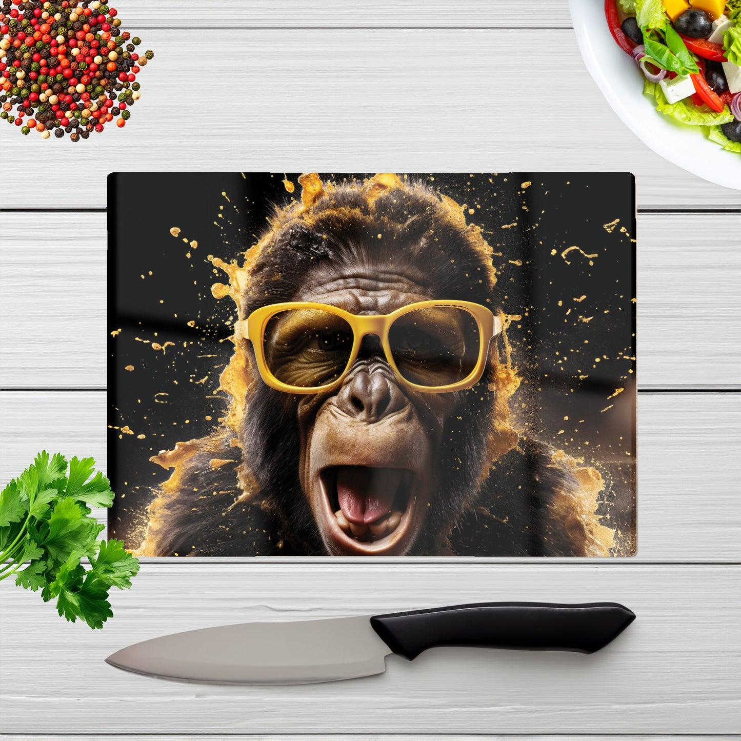 Splashart Monkey Face With Yellow Glasses Glass Chopping Board