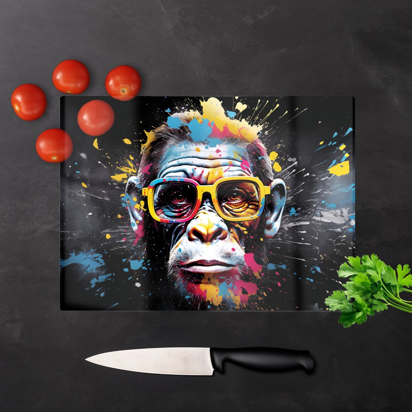Coloured Splashart Monkey Face Glass Chopping Board