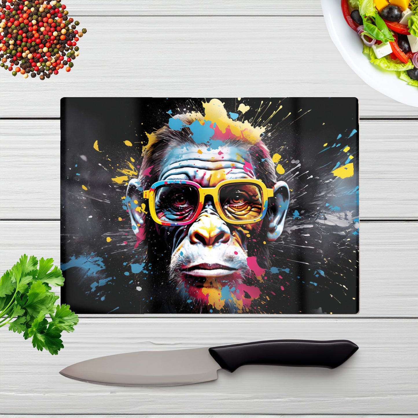 Coloured Splashart Monkey Face Glass Chopping Board