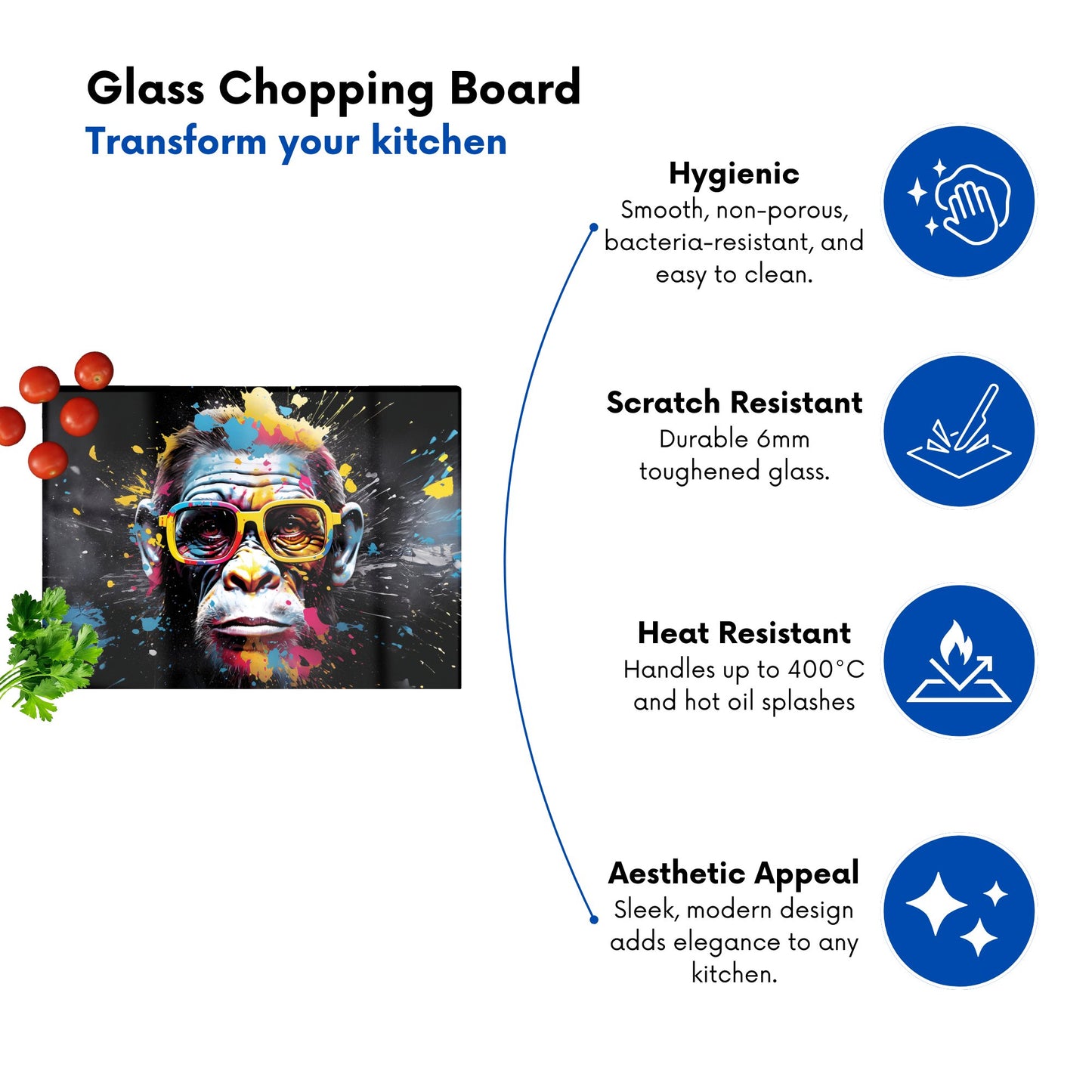 Coloured Splashart Monkey Face Glass Chopping Board