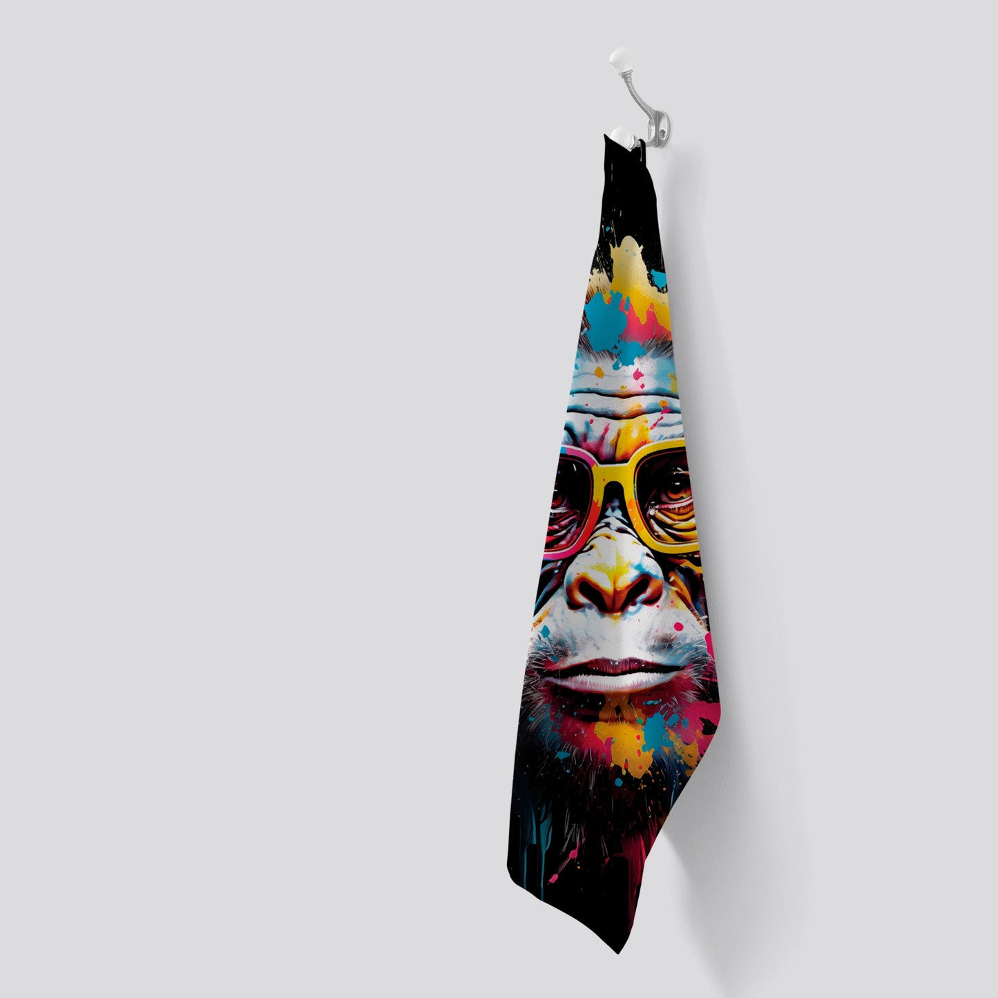 Coloured Splashart Monkey Face with Glasses Tea Towel