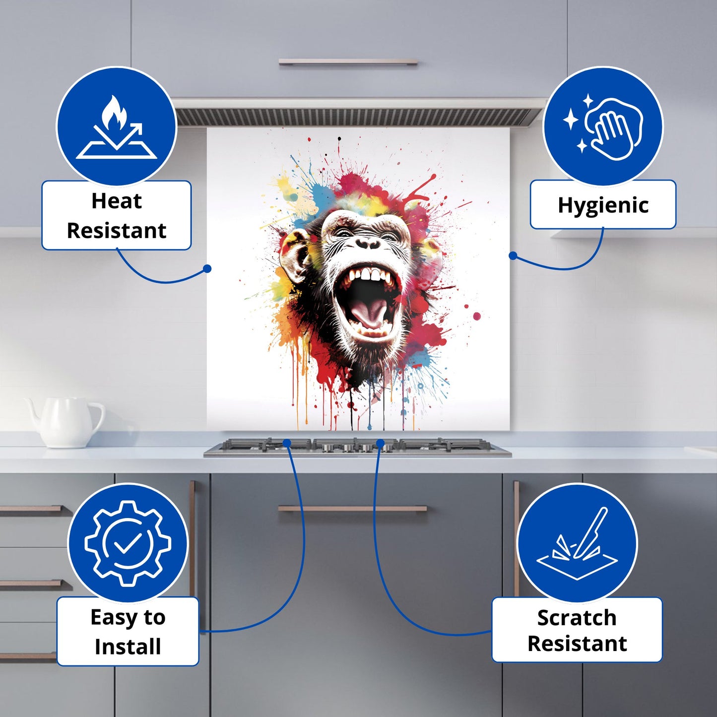 Coloured Splashart Crazy Monkey Face Kitchen Splashback