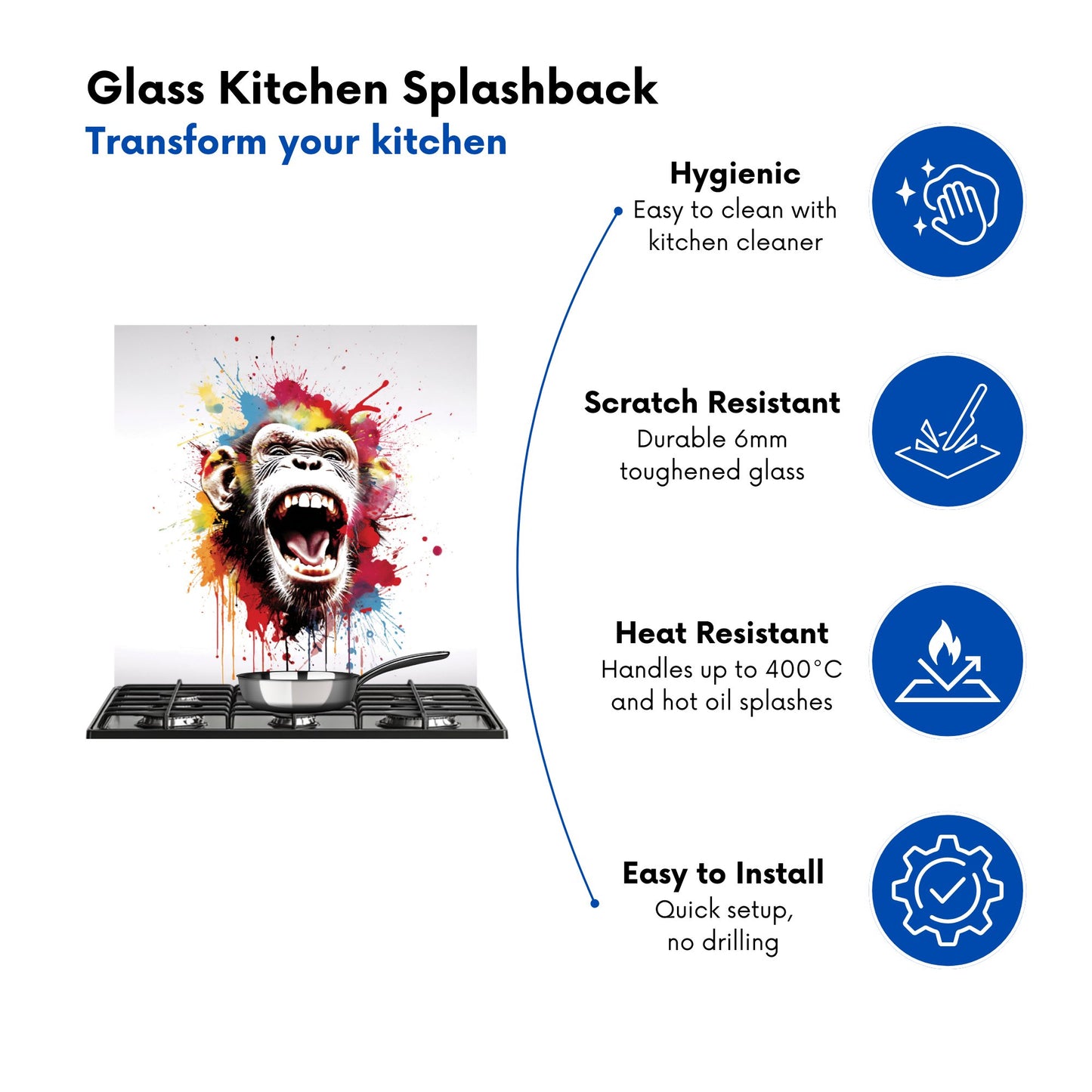 Coloured Splashart Crazy Monkey Face Kitchen Splashback