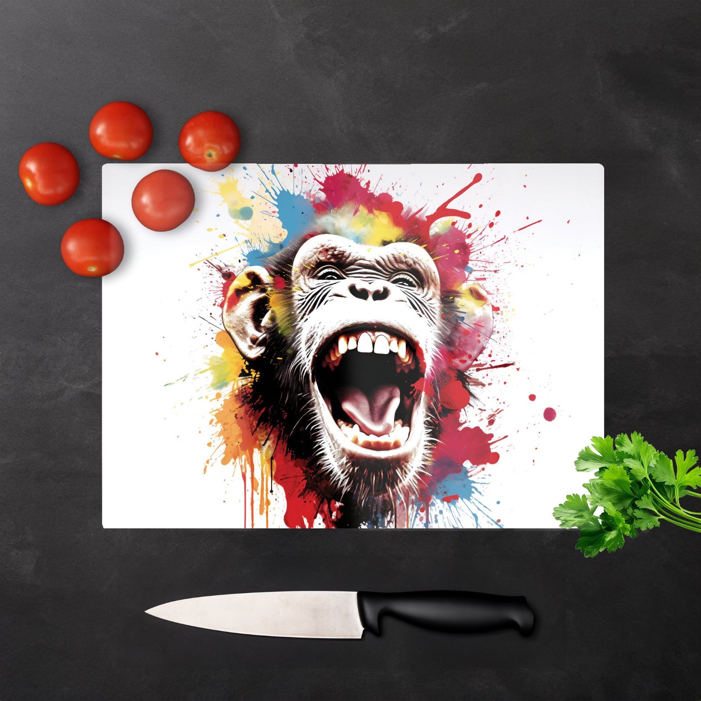 Coloured Splashart Crazy Monkey Face Glass Chopping Board