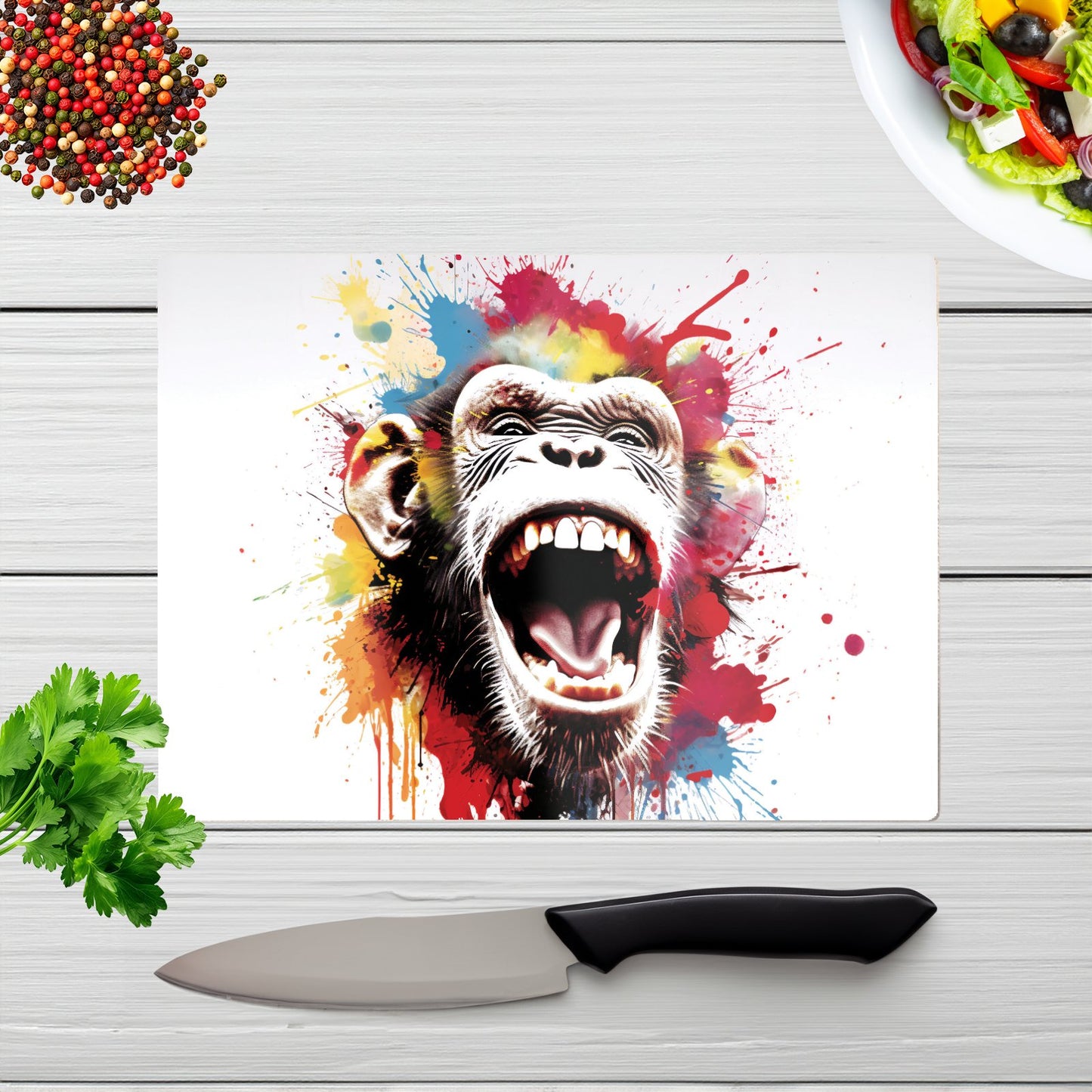 Coloured Splashart Crazy Monkey Face Glass Chopping Board