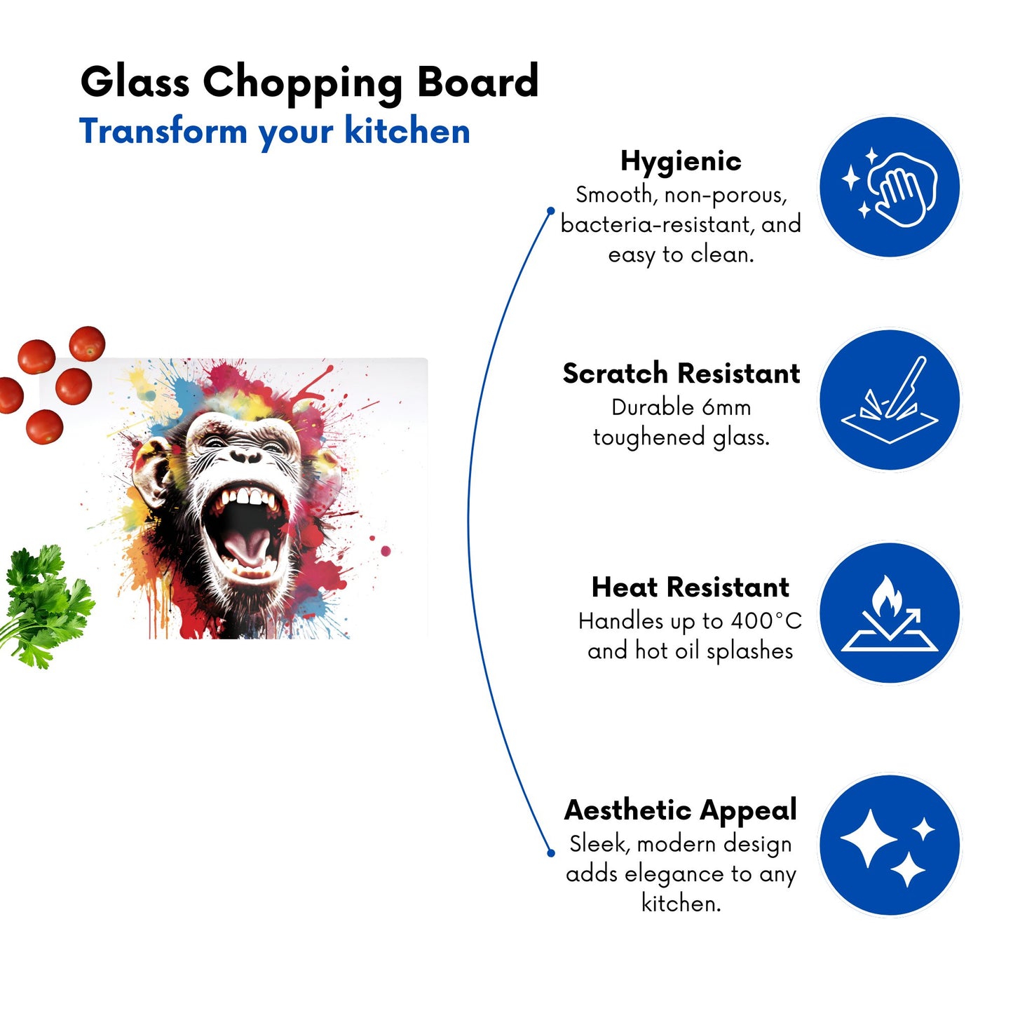 Coloured Splashart Crazy Monkey Face Glass Chopping Board
