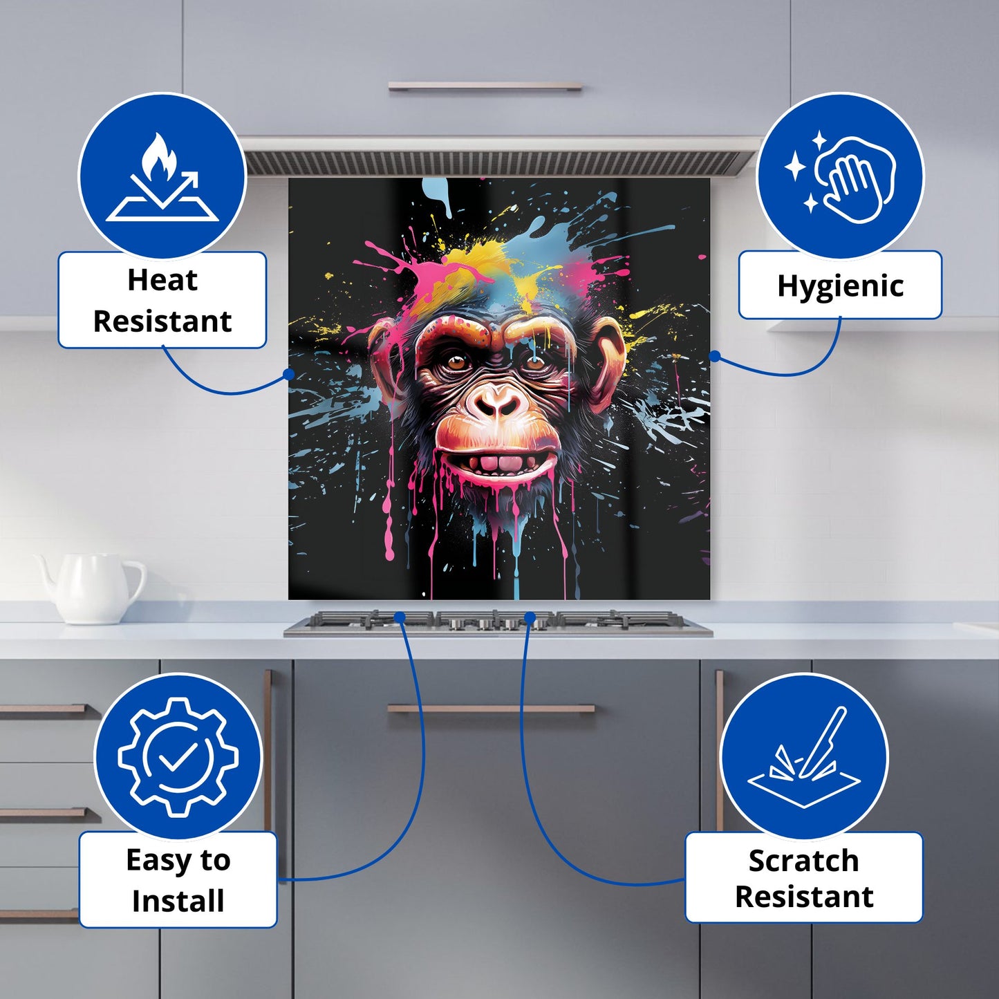 Multi Coloured Monkey Face Splashart Kitchen Splashback