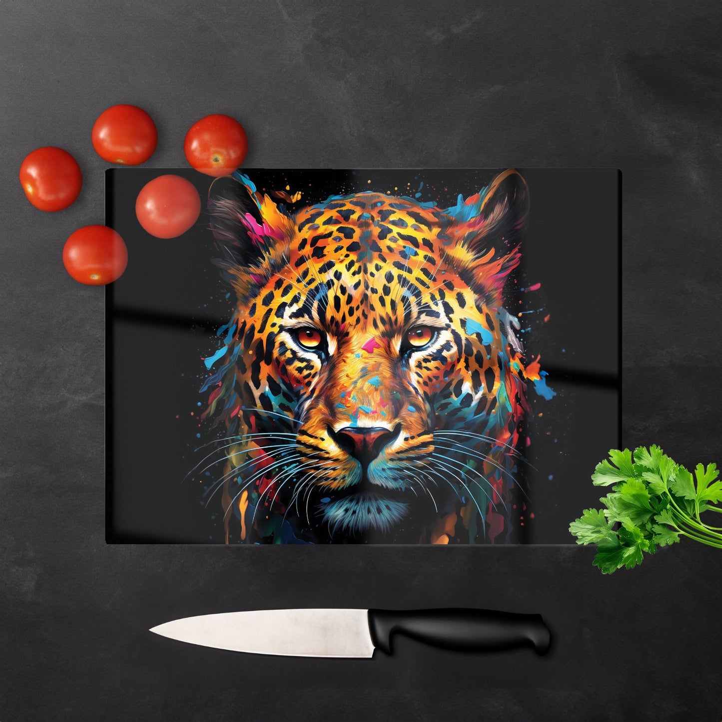 Splashart Leopard Face Glass Chopping Board