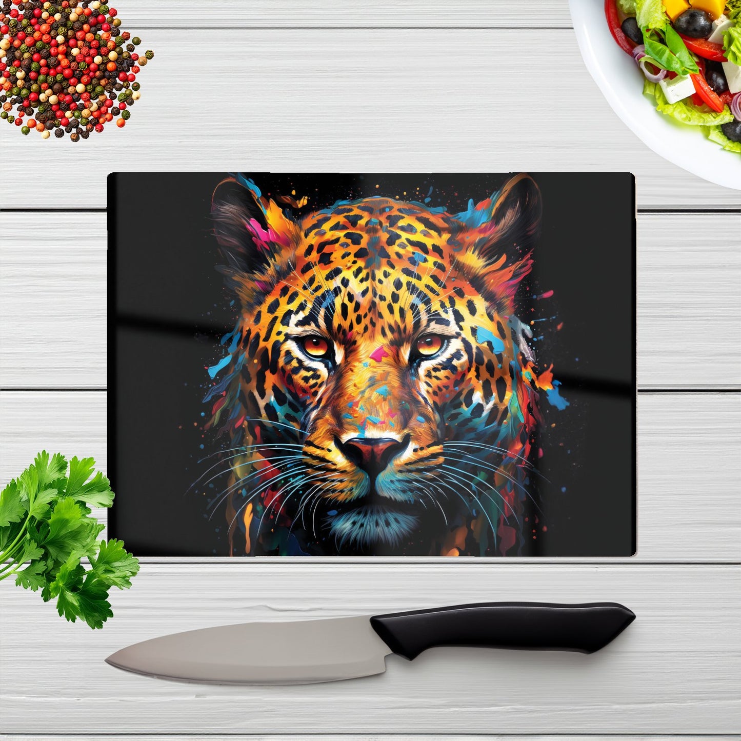 Splashart Leopard Face Glass Chopping Board