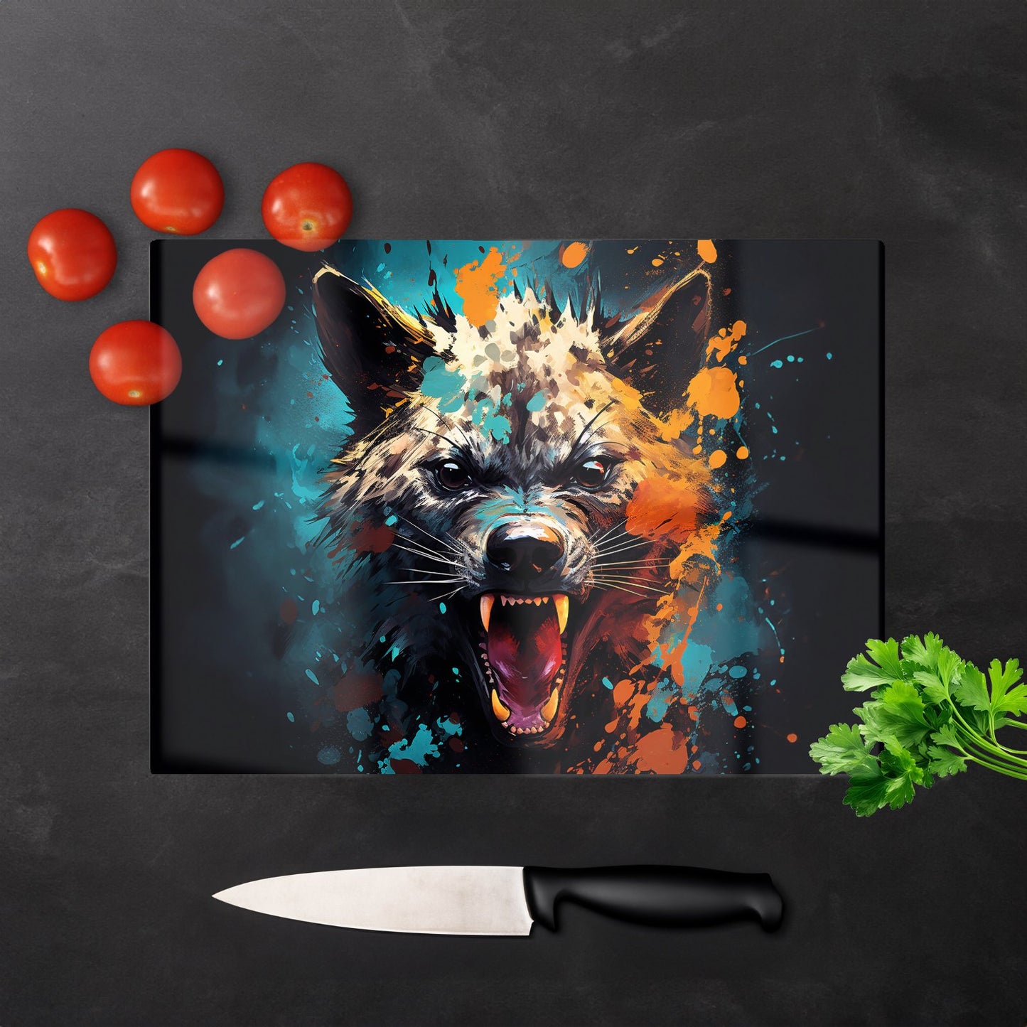 Splashart Angry Hyena Face Glass Chopping Board