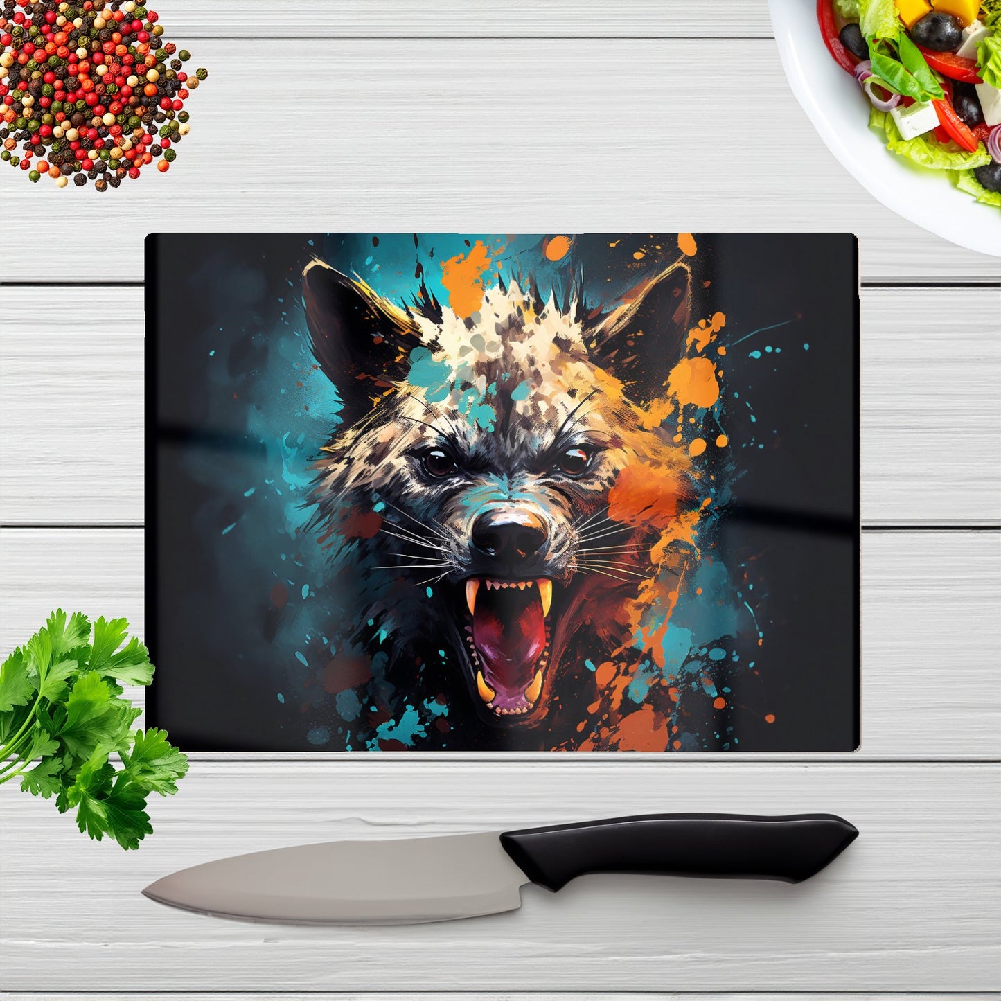 Splashart Angry Hyena Face Glass Chopping Board