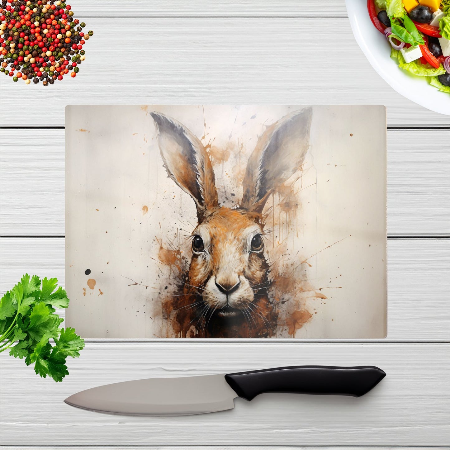 Watercolour Hare Face Glass Chopping Board