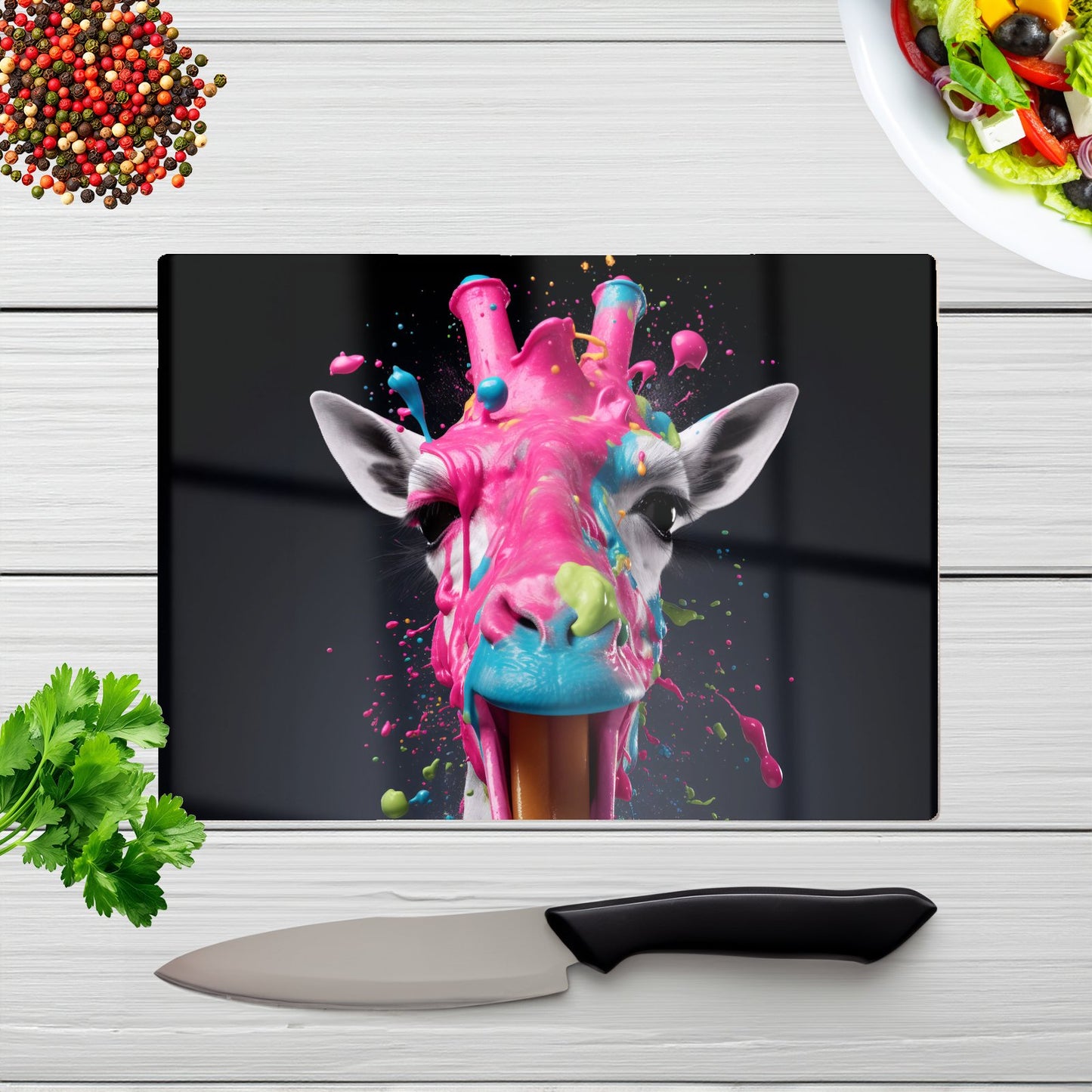 Splashart Giraffe Face Pink Glass Chopping Board