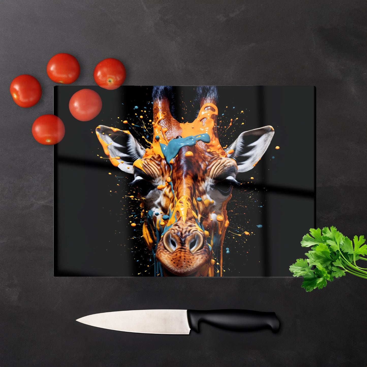 Giraffe Face Splashart Glass Chopping Board
